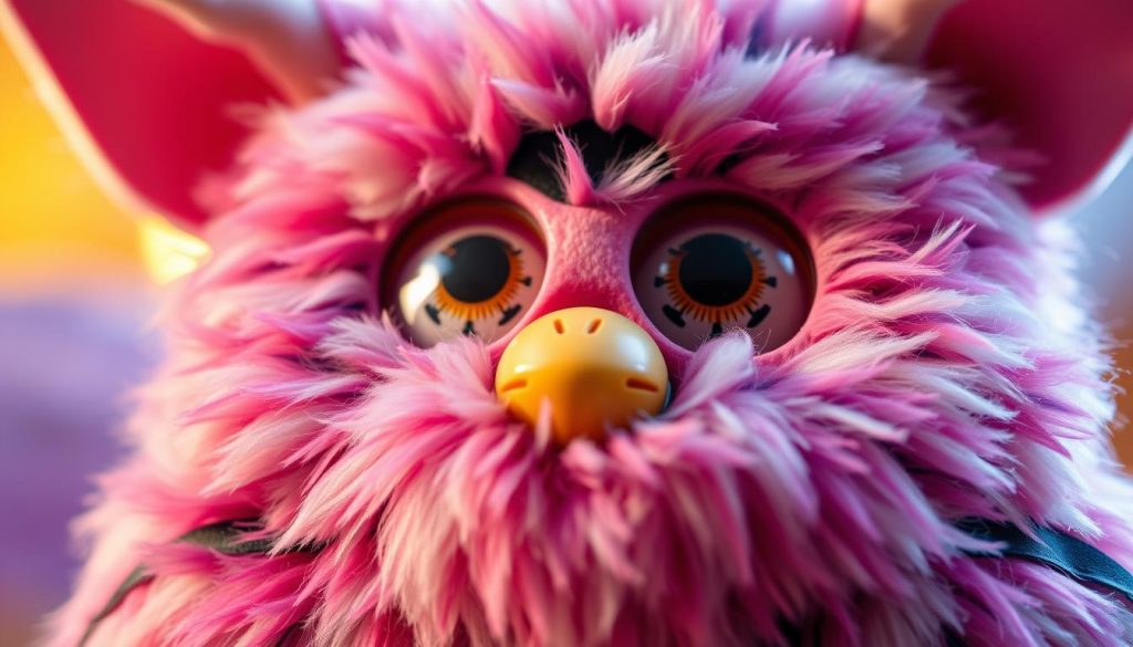 A close-up view of a Furby 2010 toy, its large, expressive eyes and fuzzy, rounded body filling the frame. The plush, multi-colored fur glistens under soft, diffused lighting, creating a warm, inviting atmosphere. The Furby's distinct pointed ears, button nose, and movable mouth are meticulously detailed, showcasing the charm and playful personality of this iconic '90s revival. The image captures the Furby's whimsical aesthetic, highlighting the key features that made this interactive electronic pet a beloved childhood companion.