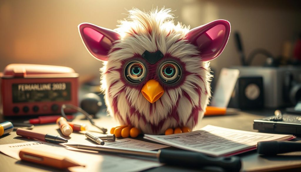 A close-up view of a Furby 2023 toy, its electronic components exposed, with various tools and troubleshooting diagrams scattered around it on a workbench. The Furby's large, expressive eyes convey a sense of confusion or distress. Soft, directional lighting illuminates the scene, casting shadows that add depth and texture. The background is hazy and out of focus, allowing the Furby and the troubleshooting tools to take center stage. The overall mood is one of problem-solving, with a touch of whimsy and the charm of the iconic Furby design.