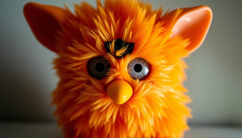 A close-up view of a Furby Mini figure, its soft, plush fur in a vibrant orange tone. The creature's wide, expressive eyes gaze directly at the viewer, conveying a sense of curiosity and playfulness. The Furby Mini's small, rounded body is positioned against a neutral, slightly out-of-focus background, allowing the subject to take center stage. The lighting is soft and diffused, creating a warm, inviting atmosphere that highlights the Furby's endearing features. The image is captured at a slightly high angle, emphasizing the Furby Mini's diminutive stature and adding to its charming appeal.