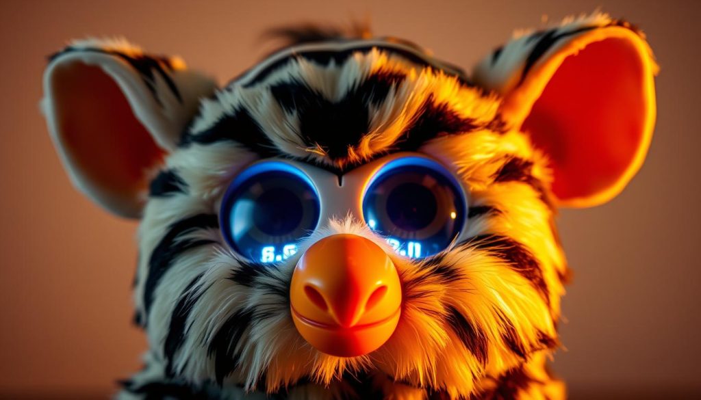 A close-up view of a Furby Tiger, its large eyes filled with a mesmerizing LCD display. The plush, striped fur gleams under warm, directional lighting, casting dynamic shadows that accentuate the contours of its distinctive muzzle and pointed ears. In the background, a blurred, neutral backdrop allows the unique features of this captivating creature to take center stage, inviting the viewer to study its intricate details. The Furby Tiger's expression is curious and enchanting, with a subtle hint of playfulness that captures the essence of this one-of-a-kind electronic pet.