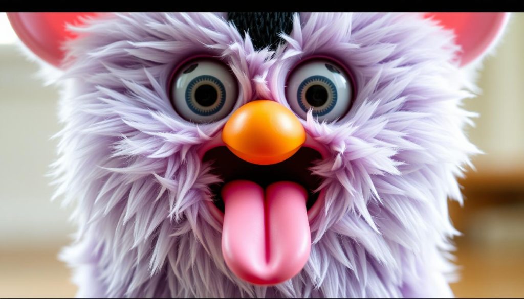A close-up view of a Furby's face, with its mouth open and its long, pink tongue extended outwards. The Furby's eyes are wide and expressive, conveying a sense of playfulness. The image is captured in soft, natural lighting, highlighting the textural details of the Furby's plush fur. The background is blurred, keeping the focus on the tongue-holding technique. The overall mood is whimsical and lighthearted, reflecting the playful nature of the Furby toy.