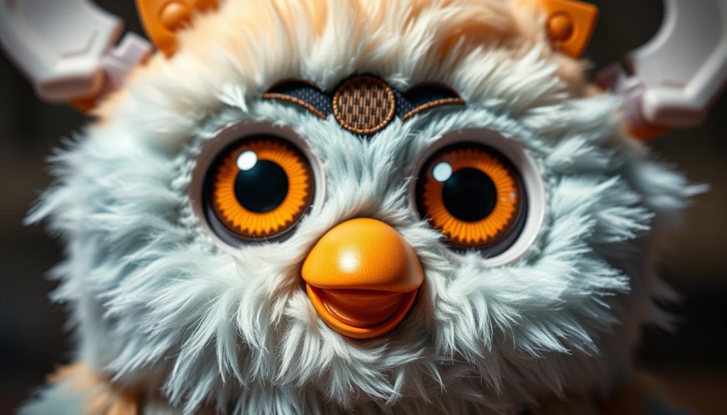 A close-up view of a Furby's unique features, captured in stunning detail. The plush, furry body is rendered with a soft, tactile texture, while the large, expressive eyes gaze directly at the viewer. The robotic ears twitch and move, conveying the Furby's lifelike responsiveness. Intricate stitching and careful shading accentuate the distinctive patterns and colors of the Furby's face, creating a captivating and detailed portrait. The lighting is carefully balanced, casting subtle shadows that add depth and dimension to the image. The overall composition places the Furby's features front and center, allowing the viewer to fully appreciate the unique character of this beloved toy.