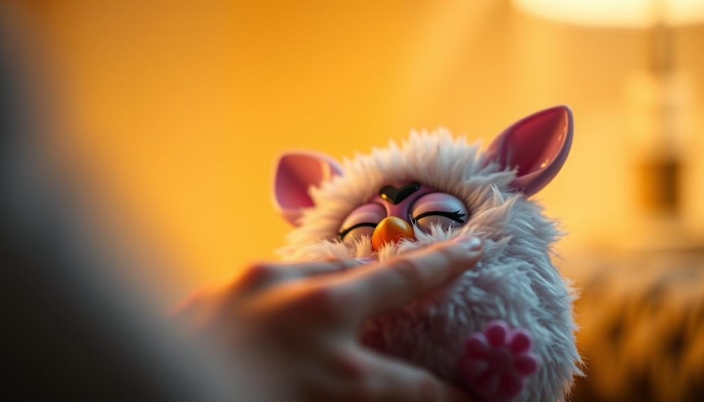 A close-up view of a person's hands gently turning off a small, fluffy Furby toy. The Furby's eyes are closed, and its soft, textured fur is rendered in vivid detail. Warm, indirect lighting illuminates the scene, creating a calm, intimate atmosphere. The focus is on the act of switching the Furby off, with the background softly blurred to emphasize the tactile interaction. The image conveys a sense of care and control in the simple task of deactivating the beloved Furby.