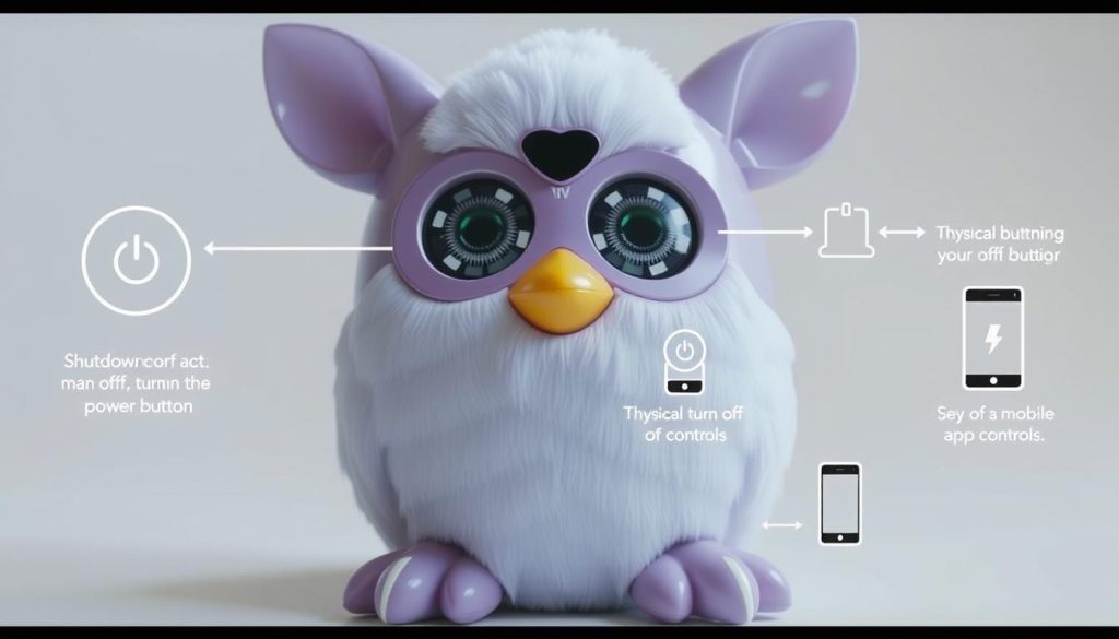 A close-up view of a sleek, modern Furby Connect toy, its futuristic design highlighted by crisp lighting and a clean, minimalist background. The Furby sits upright, its large, expressive eyes and rounded features conveying a sense of playful intelligence. The image showcases various shutdown methods, with detailed schematics and diagrams illustrating the step-by-step process of turning off the Furby Connect, from the physical power button to the accompanying mobile app controls. The overall aesthetic is both informative and visually captivating, drawing the viewer's attention to the nuances of this popular interactive toy.