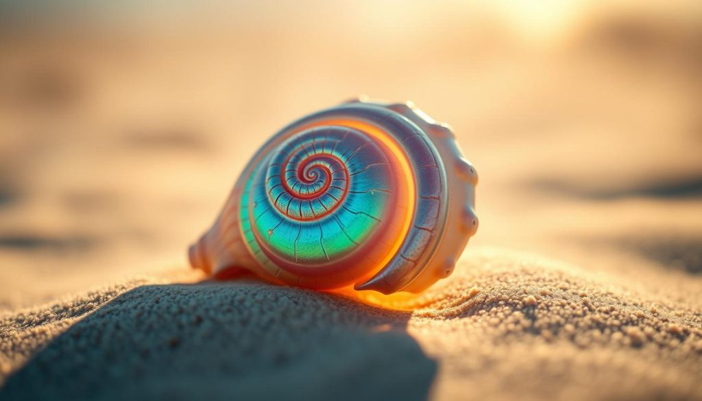 A close-up view of a vibrant, iridescent seashell resting on a bed of soft, pale sand. The shell's intricate spiral design is illuminated by warm, natural lighting, casting delicate shadows that accentuate its textural details. The background is hazy and out of focus, creating a sense of depth and focus on the captivating shell. The image has a serene, tranquil atmosphere, evoking the peaceful ambiance of a coastal environment. Photographed with a macro lens, the shell appears larger than life, inviting the viewer to appreciate the beauty and complexity of this natural wonder.