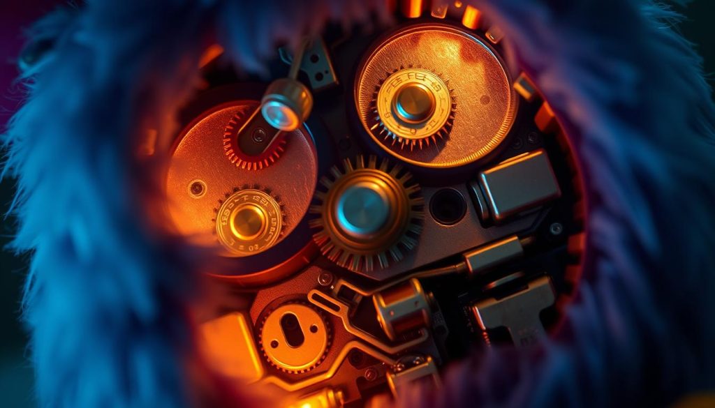 A close-up view of the internal mechanism of a Furby toy, showcasing the shutdown process. The image should depict the intricate gears, motors, and circuits that power the Furby's movements and sounds, with a focus on the specific components responsible for turning the toy off. The scene should be illuminated by a soft, warm light, creating a technical yet slightly ominous atmosphere. The camera angle should be slightly angled, providing a detailed, almost surgical perspective of the Furby's inner workings. The overall tone should convey a sense of understanding and demystification of the Furby's shutdown mechanism, aligning with the informative nature of the article section.
