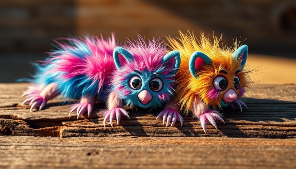 A close-up view of three furby-like creatures, arranged in a centipede formation, crawling across a rustic wooden surface. The furbies have vibrant, textured fur in shades of blue, pink, and gold, with large, expressive eyes and whimsical expressions. The lighting is soft and natural, casting warm shadows that accentuate the contours of the creatures. The background is blurred, creating a sense of focus on the intricate details of the furby centipede. The overall mood is curious and playful, inviting the viewer to explore the unique characteristics of this rare and imaginative creature.