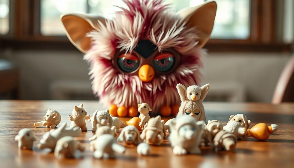 A closeup view of a vintage Furby toy sitting on a wooden table, its large eyes and furry facade illuminated by soft, natural lighting. The Furby's expression appears slightly mischievous, hinting at the need to carefully inspect its authenticity. In the middle ground, various counterfeit Furby figurines are scattered, their imperfections and subtle differences from the genuine article clearly visible. The background is blurred, creating a sense of focus on the key features that distinguish the real Furby from its imitations.