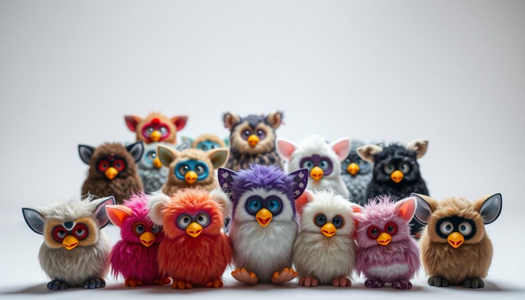 A collection of common Furby fakes displayed in a well-lit studio setting. In the foreground, various Furby-like toys are posed against a neutral background, highlighting their distinct design flaws and manufacturing defects. In the middle ground, a mix of genuine Furbys and their imitations are arranged to showcase the subtle differences in textures, proportions, and detailing. The background features a slightly blurred, clean white backdrop, emphasizing the product-focused nature of the image. The overall lighting is soft and even, creating a professional, catalog-like atmosphere to support the educational nature of the image.