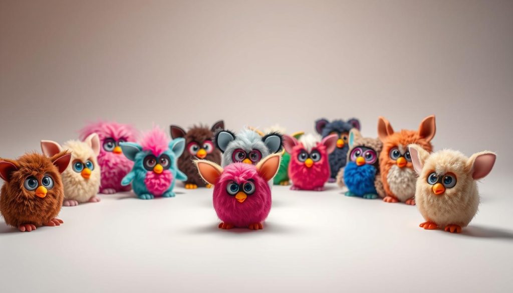 A collection of iconic Furby toy models, showcased in a vibrant, well-lit studio setting. The foreground features an array of Furbies in various sizes, colors, and generations, their expressive eyes and furry textures capturing the whimsical charm of these beloved plush companions. In the middle ground, the Furbies are arranged on a clean, minimalist surface, allowing their distinct features and personalities to shine. The background is a softly diffused, neutral backdrop, creating a focused, professional atmosphere that emphasizes the toys as the central subject. Warm, directional lighting accentuates the textural details of the Furbies, while a crisp, high-resolution camera lens ensures a sharp, detailed rendering of these nostalgic and endearing playthings.
