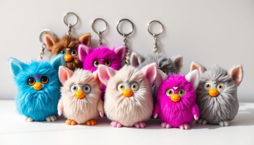A collection of older Furby keychain models, meticulously detailed with their distinctive rounded shapes, plush fur, and expressive eyes. The keychains are presented against a neutral background, allowing the focus to be on their unique vintage charm. Soft, natural lighting illuminates the models, casting gentle shadows and highlights that accentuate their textural details. The resulting image captures the nostalgic essence of these beloved, retro-inspired Furby accessories, perfectly suited to illustrate the "Alternative Methods for Older Furby Keychain Models" section.
