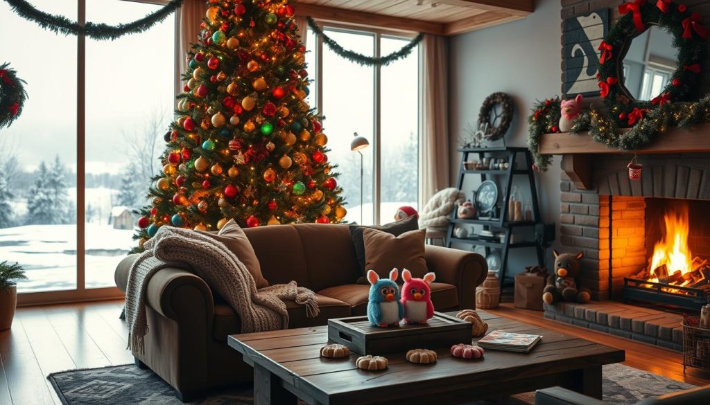 A cozy and festive living room with a towering Christmas tree adorned with colorful lights, vintage ornaments, and a collection of beloved Furby toys nestled among the branches. In the foreground, a plush velvet sofa is draped with a soft knitted throw, and a pair of Furby figurines sit atop a rustic wooden coffee table, surrounded by scattered holiday treats and trinkets. The room is bathed in a warm, inviting glow from the fireplace, casting a gentle radiance across the scene. Large windows overlooking a snowy landscape provide a picturesque backdrop, completing the perfect Furby-themed holiday décor.