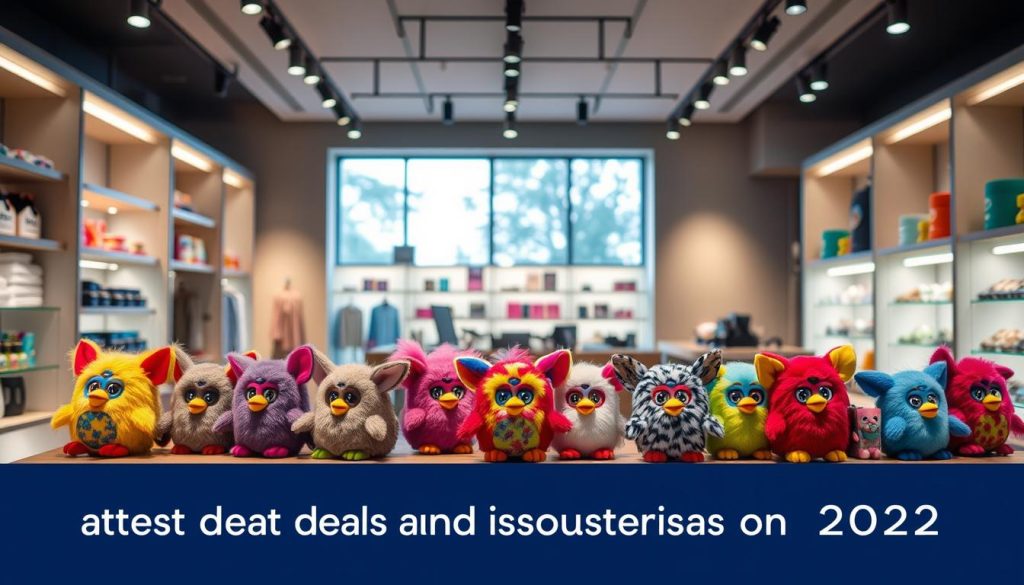 A cozy and inviting retail setting showcasing the latest Furby deals and discounts for 2023. In the foreground, an array of Furby plush toys adorned in vibrant colors and patterns, arranged neatly on a wooden display table. The middle ground features a sleek and modern store interior, with minimalist shelving and soft, diffused lighting creating a warm and welcoming atmosphere. In the background, a large window allows natural light to filter in, illuminating the Furby products and highlighting their alluring features. The overall composition conveys a sense of excitement and anticipation for the latest Furby deals, making it an enticing visual representation of the "Latest Deals and Discounts on Furby" section.