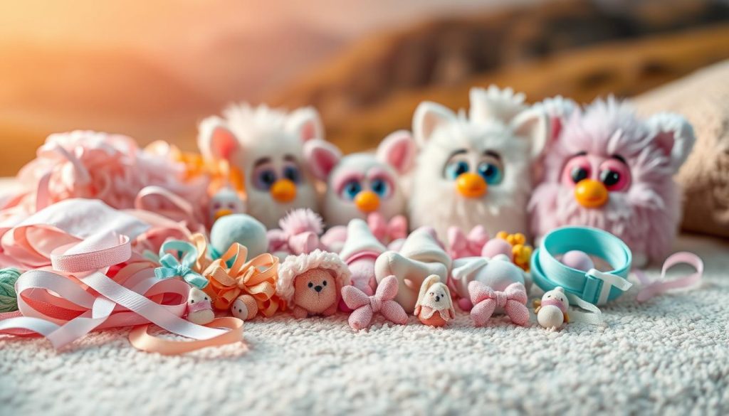 A cozy collection of plush toy accessories on a soft, textured surface. In the foreground, an assortment of colorful, tactile fabrics, ribbons, and trimmings in pastel hues. The middle ground features a selection of miniature Furby-inspired accessories, such as tiny hats, scarves, and bows, all crafted with meticulous attention to detail. The background is a dreamy, blurred landscape, creating a sense of warmth and intimacy. Soft, diffused lighting casts a gentle glow, highlighting the delicate textures and inviting the viewer to touch and explore this personalized Furby playset.