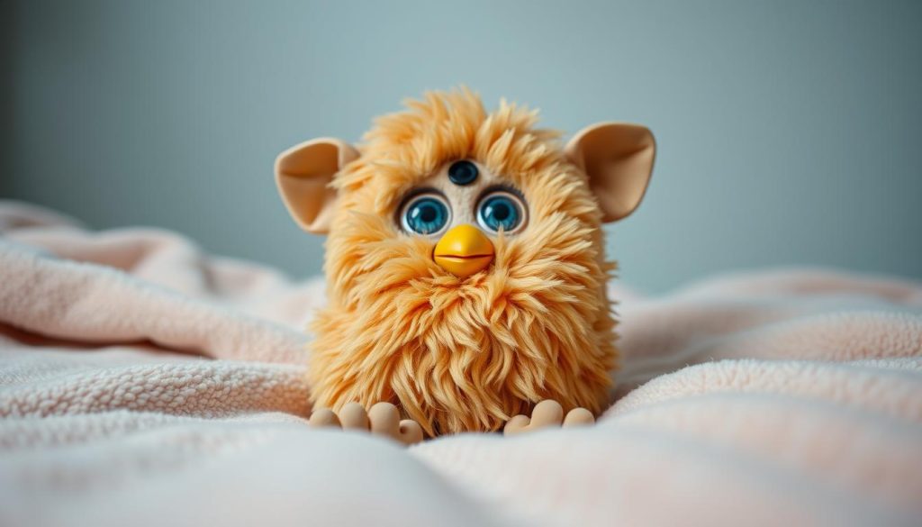 A cozy, plush Furby toy sitting on a soft, pastel-colored blanket. The Furby has a warm, amber-colored fur coat with intricate, fuzzy detailing. It has large, expressive eyes and a playful, adorable expression, inviting touch and cuddles. The lighting is soft and diffused, creating a serene, intimate atmosphere. The camera angle is slightly elevated, capturing the Furby from an eye-level perspective, making it the central focus of the image. The background is blurred and filled with muted, complementary hues, allowing the Furby to stand out as the primary subject.