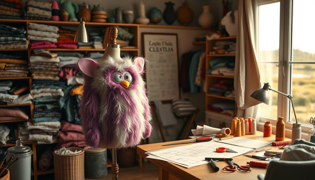 A cozy studio filled with sewing supplies and a variety of Furby-inspired fabrics. In the foreground, a lifesize Furby mannequin stands, adorned with partially completed costume elements. Beside it, a worktable holds sketches, patterns, and an assortment of tools - needles, scissors, and spools of thread. Soft, warm lighting casts a gentle glow, illuminating the creative process. Through a window in the background, a serene landscape comes into view, hinting at the tranquil environment fostering the costume's design. The overall mood is one of focused, methodical craftsmanship, with a touch of whimsical inspiration.