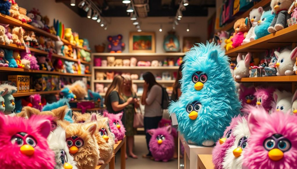A cozy, well-lit retail space showcasing a diverse selection of Furby toys. Prominent Furby displays occupy the foreground, showcasing the different models and color variations. In the middle ground, shoppers browse the Furby merchandise, examining the plush toys with delight. The background features warm, inviting decor, like shelves filled with other popular toys and trinkets. Soft, diffused lighting casts a gentle glow, creating an atmosphere of excitement and wonder. The overall scene conveys a sense of discovery, where customers can find the perfect Furby to bring home and cherish.