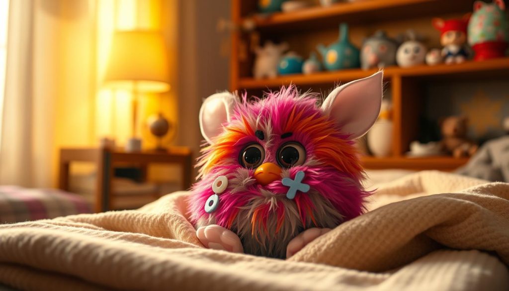 A cozy, well-lit room with a plush Furby toy resting on a soft, beige blanket. The Furby's large, expressive eyes gaze directly at the viewer, its vibrant fur shimmering in the warm, diffused lighting. In the background, a wooden shelf displays an assortment of Furby-themed trinkets and accessories, hinting at the joy and nostalgia these beloved toys inspire. The scene conveys a sense of care, comfort, and the enduring appeal of this classic plush companion.