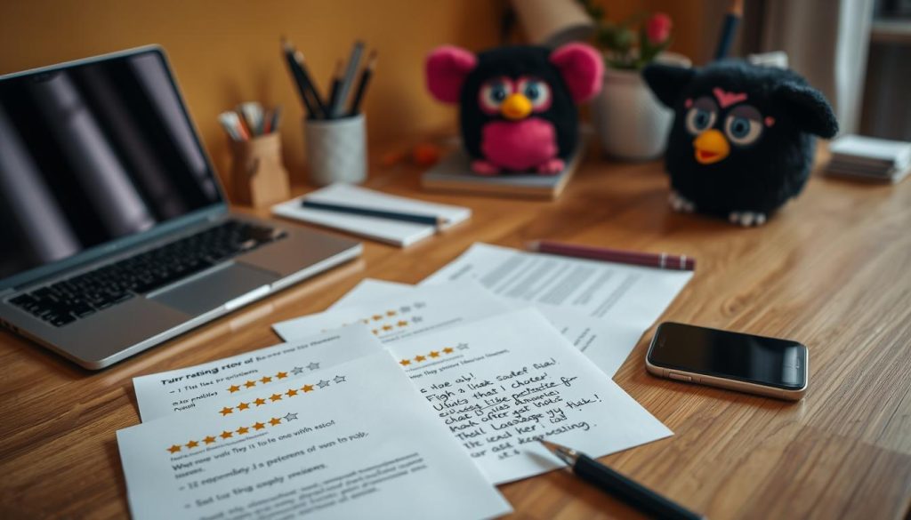 A cozy, well-lit room with a wooden desk displaying a laptop, a phone, and various stationery items. On the desk, an array of user ratings and reviews are displayed, showcasing star ratings, thumbs-up icons, and handwritten notes scribbled on paper. The background is a warm, inviting color palette, with subtle hints of the Furby Black and Pink product visible in the periphery. The composition focuses on the user feedback, presenting it in an organized and visually appealing manner to convey the overall positive user experience and high-quality reviews.