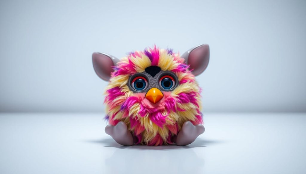 A cute Furby toy lying on a white table, its eyes and mouth motionless, indicating it has been switched off. The Furby is positioned in the center of the frame, with soft, even lighting illuminating its plush, multi-colored fur. The background is clean and minimalist, allowing the Furby to be the focal point. The image conveys a sense of simplicity and ease, reflecting the "how to turn off" theme of the article section.