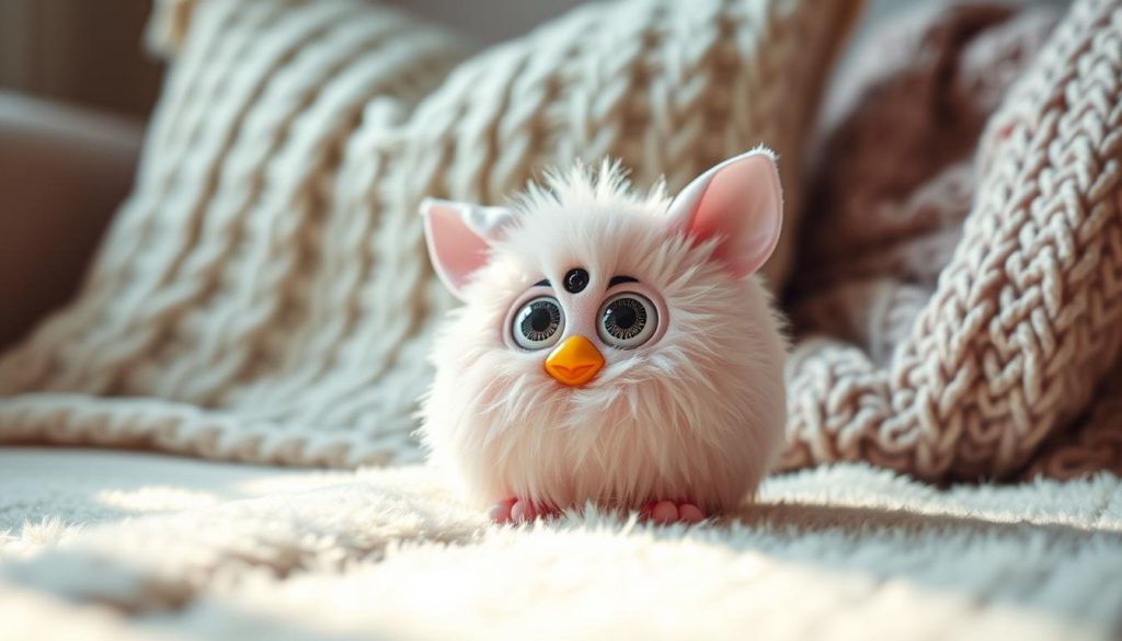 A cute and collectible Furby keychain rests on a soft, plush surface in a warm, cozy environment. The Furby's large, expressive eyes and fuzzy, pastel-colored fur draw the viewer's attention, creating a sense of whimsy and delight. The keychain is positioned in the foreground, with a blurred background of comfy pillows and a cozy knit blanket, suggesting a homey, intimate setting. Lighting is soft and diffused, creating a gentle, nurturing atmosphere. The image captures the Furby keychain's charming appeal and its ability to add a touch of playfulness to any accessory collection.