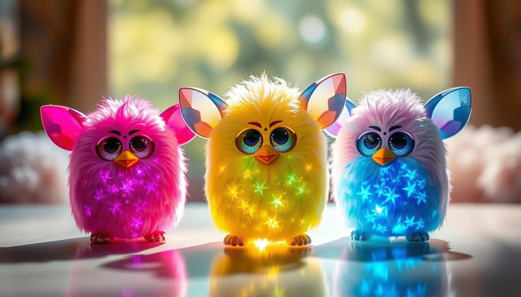 A dazzling display of Furby Boom Crystal color variations, each one a unique gem sparkling under a soft, natural light. A whimsical trio of these iconic plush toys in the foreground, their iridescent fur glistening as they sit atop a smooth, reflective surface. In the background, a blurred, dreamlike scene evokes a sense of wonder and enchantment, hinting at the magical world of the Furby Boom Crystal. The composition is balanced, the lighting is flattering, and the overall mood is one of delight and childlike imagination.