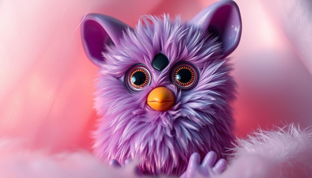A delicately crafted Furby2012 model in a shimmering amethyst hue, its soft, plush fur illuminated by warm, golden lighting. The creature's iconic, wide-set eyes gaze with a whimsical, endearing expression, its diminutive, rounded form nestled against a backdrop of soft, pastel-colored gradients. Intricate detailing, such as the creature's articulated ears and playful facial features, lend an air of lifelike realism to the scene. The overall composition evokes a sense of nostalgic wonder, capturing the unique charm and appeal of this rare and sought-after Furby variant.