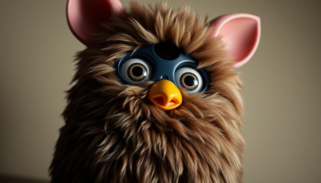 A detailed, close-up portrait of a Furby 2012 figurine, illuminated by soft, natural lighting from the left. The Furby's wide, expressive eyes convey a sense of curious understanding, its fuzzy, textured body and mechanical features highlighted in crisp detail. The background is a simple, neutral tone that allows the subject to be the focal point. The camera angle is slightly elevated, creating a sense of presence and connection with the viewer. The overall mood is one of thoughtful contemplation, inviting the viewer to engage with the Furby's unique character and personality.