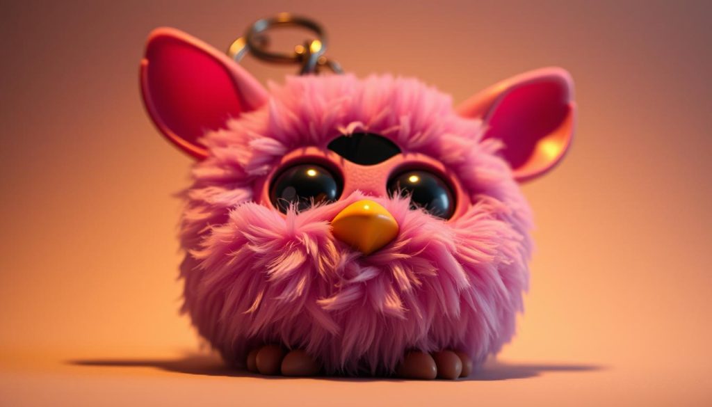 A detailed, close-up view of a Furby keychain in a warm, inviting lighting. The Furby's large, expressive eyes and soft, plush fur texture are the focal point, capturing the whimsical and playful nature of the iconic 90s toy. The keychain is positioned against a plain, neutral background, allowing the Furby to stand out prominently. Lighting is gentle and diffused, creating a cozy, intimate atmosphere. The camera angle is slightly low, giving the viewer a sense of scale and making the Furby appear endearing and approachable. Overall, the image conveys the enduring charm and appeal of the beloved Furby keychain.