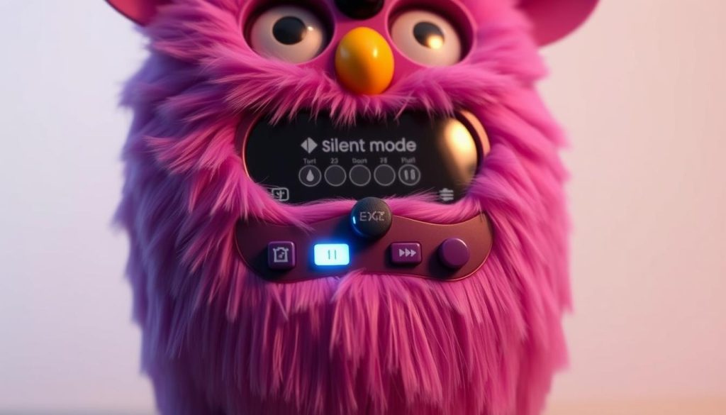 A detailed close-up view of a Furby toy's control panel, showcasing the "silent mode" settings. The Furby is positioned against a plain, minimalist background, with soft, diffused lighting illuminating the toy's sleek, textured surface. The control panel features a series of small buttons and switches, allowing the user to precisely adjust the Furby's sound and movement settings. The overall atmosphere is one of calm, precision, and technological focus, reflecting the task of silencing the Furby without disrupting its core functionality.