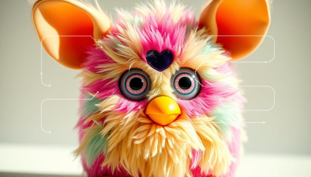 A detailed close-up view of a Mini Furby (Furblet) interactive features, showcasing its expressive eyes, large round ears, plush furry body, and movable limbs. The Furby's face has a whimsical, curious expression, with vibrant colors and soft, lifelike textures. The image is captured in natural, warm lighting, highlighting the tactile, interactive nature of this small, charming creature. The background is clean and uncluttered, allowing the focus to remain on the Furby's distinctive interactive elements.