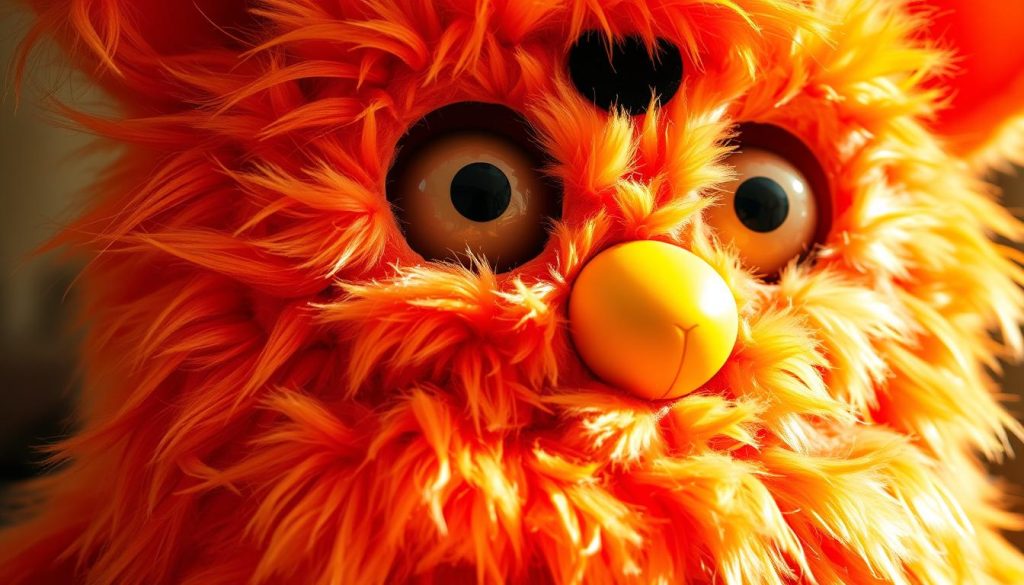 A detailed, close-up view of a handcrafted Furby fursuit, showcasing the intricate construction and materials used. The fursuit features a plush, textured exterior in bright, vibrant colors, with distinct Furby-inspired features such as oversized eyes, a rounded, doll-like face, and a soft, faux-fur body. The lighting is warm and natural, highlighting the tactile quality of the materials and the skilled craftsmanship. The image is captured at an angle that emphasizes the three-dimensional nature of the fursuit, inviting the viewer to imagine the experience of wearing and inhabiting this whimsical, expressive costume.