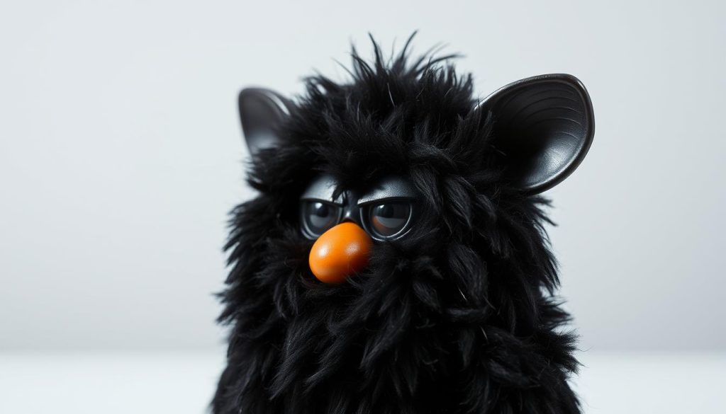 A detailed close-up view of the original 1998 black Furby toy, capturing its limitations and flaws. The Furby is positioned in the foreground, its fuzzy black fur slightly matted and worn, revealing the underlying plastic shell. The eyes are lifeless and beady, the beak slightly askew, conveying a sense of age and imperfection. The middle ground showcases the limited range of motion and articulation of the Furby's head and limbs, with stiff, mechanical movements. The background is a plain, neutral studio setting, allowing the focus to remain on the Furby's form and its inherent limitations. Soft, even lighting from the side creates subtle shadows, accentuating the Furby's contours and texture. The overall mood is one of nostalgia, tempered by the recognition of the original Furby's technological constraints.