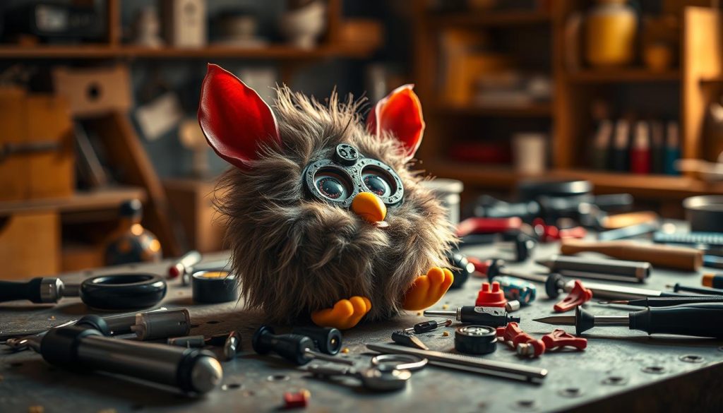 A detailed closeup shot of a disassembled Furby Boom toy on a workbench, with various components and tools spread out in an organized manner. The Furby's fuzzy exterior has been carefully removed, revealing its intricate internal mechanisms. Warm studio lighting casts dramatic shadows, creating depth and highlighting the technical details. The overall mood is one of focused troubleshooting, with a sense of intricacy and problem-solving. In the background, a blurred view of a workshop environment with shelves and supplies, suggesting a professional, hands-on approach to resolving the issue.
