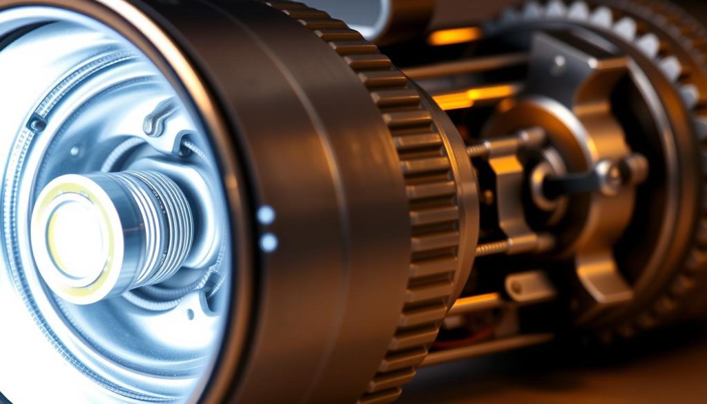 A detailed cross-section of a vintage flashlight's inner mechanics, showcasing its intricate workings. In the foreground, a polished metal reflector housing a bright LED bulb, with the battery compartment and spring-loaded contacts visible. In the middle ground, the sleek aluminum body, textured for a solid grip. In the background, the complex assembly of the switch mechanism, gears, and wiring, illuminated by a soft, warm glow. Captured with a macro lens, the image conveys a sense of precision engineering and the technical beauty of this everyday device.