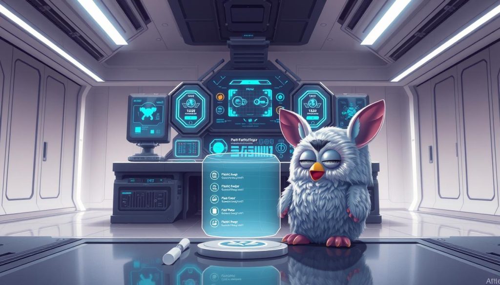 A detailed, futuristic illustration of a Furby's personality settings being preserved. In the foreground, a Furby figure sits in a meditative pose, its eyes closed as a translucent menu panel hovers in front of it, displaying various customization options. In the middle ground, a high-tech workstation with an array of holographic displays and control interfaces, where a technician in a lab coat is carefully adjusting the Furby's settings. The background features a sleek, minimalist laboratory environment with clean lines, soft lighting, and a sense of technological sophistication. The overall mood is one of precision, focus, and the preservation of a beloved digital companion.