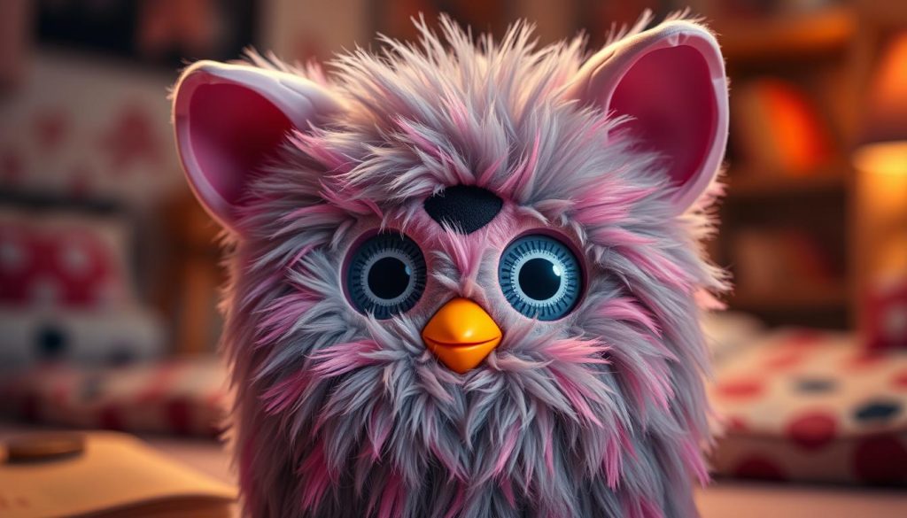 A detailed, high-resolution image of a Furby 2010 toy, presented in a soft, nostalgic lighting. The Furby is centered in the frame, its distinctive oval-shaped head and large, expressive eyes dominating the foreground. The toy's fuzzy gray and pink fur appears soft and touchable, with gentle highlights accentuating its contours. The background is slightly blurred, suggesting a warm, cozy setting, perhaps a child's bedroom or a retro-inspired living space, evoking a sense of comfort and familiarity. The overall mood is one of fond reminiscence, capturing the enduring appeal and sentimental value of this iconic 90s toy.