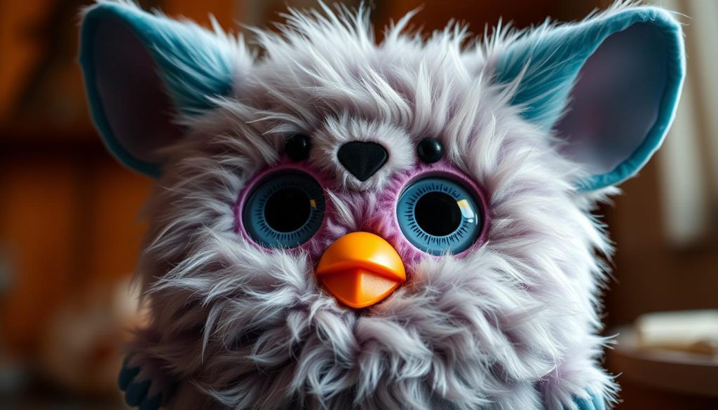A detailed, high-resolution image of a Furby with its distinct features and characteristics. The Furby is positioned in the center of the frame, showcasing its large, expressive eyes, fuzzy body, and signature ears. The lighting is soft and directional, highlighting the texture and details of the Furby's design. The background is subtle, with a slightly blurred, warm-toned environment that complements the Furby's appearance. The overall mood is one of whimsical charm and nostalgia, capturing the essence of this iconic toy's design across generations.