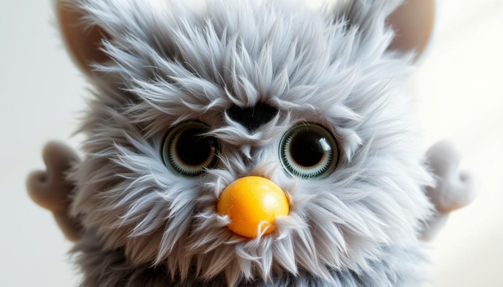 A detailed, high-resolution photograph of a Furby Gray from the front, showcasing its distinctive features. The Furby's soft, plush gray fur is meticulously rendered, with intricate strands visible. Its large, expressive eyes have a curious, friendly gaze, and its rounded, domed head is clearly defined. The Furby's pointed ears, small nose, and slightly open mouth add to its charming, lifelike appearance. The lighting is soft and natural, casting gentle shadows that accentuate the Furby's contours and textures. The background is clean and uncluttered, allowing the Furby to be the central focus of the image.