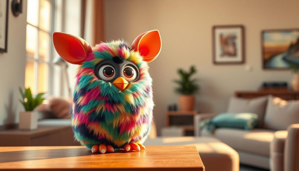 A detailed, highly realistic and photorealistic image of a Furby Boom toy in a well-lit living room. The Furby is sitting upright on a wooden side table, with a plush, soft-textured fur coat in vibrant, colorful patterns. Its large, expressive eyes have a curious, playful gaze, and its movable ears are perked up. The lighting is a combination of warm, natural daylight from a window and subtle, indirect artificial lighting, creating gentle shadows and highlights that accentuate the Furby's three-dimensional form. The background features a minimalist, modern decor with neutral-toned walls, a potted plant, and other modest furnishings, allowing the Furby to be the central focus of the image.