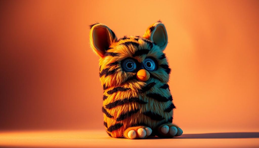 A detailed, life-like image of the iconic Furby Tiger electronics device, captured in a well-lit, high-resolution studio setting. The Furby Tiger, with its distinctive striped fur pattern and large, expressive eyes, sits prominently in the foreground, bathed in warm, directional lighting that highlights the texture and contours of its soft, plush body. The mid-ground features a minimalist, neutral-toned backdrop, allowing the Furby Tiger to take center stage. The overall composition conveys a sense of thoughtful curation and careful attention to detail, inviting the viewer to closely examine the unique features and design of this beloved '90s toy.