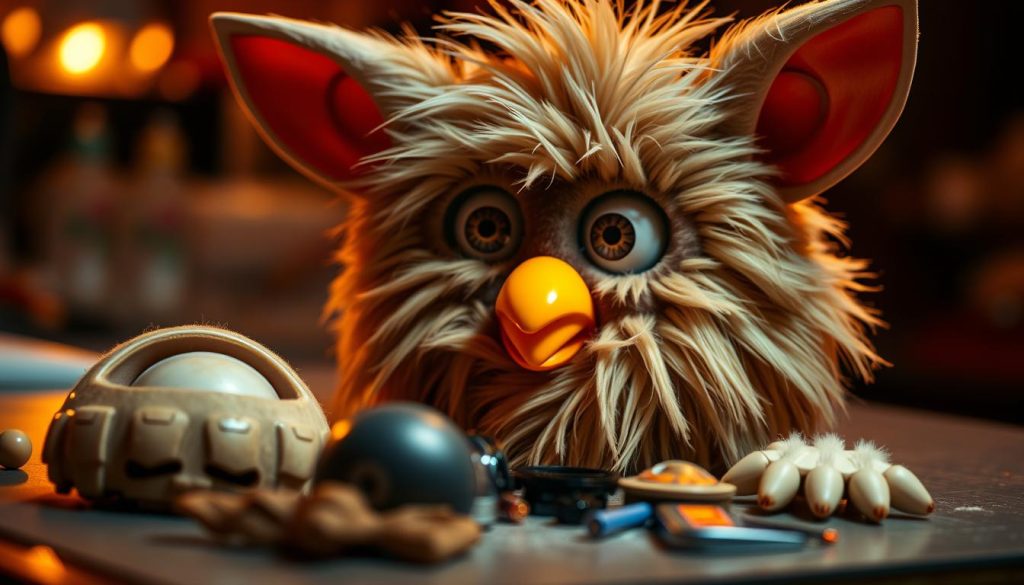 A detailed, meticulously crafted Furby costume face assembly, illuminated by warm, soft lighting that accentuates the intricate textures and contours. In the foreground, the disassembled facial components - the large, expressive eyes, the rounded, furry cheeks, and the quirky, open-mouthed expression - are arranged in a precise, almost surgical layout, inviting the viewer to examine the construction process. The middle ground features a partially assembled Furby face, the individual pieces seamlessly integrated, creating a whimsical, almost lifelike impression. The background subtly blurs, allowing the viewer to focus on the craftsmanship and attention to detail, capturing the essence of this beloved character's iconic look.
