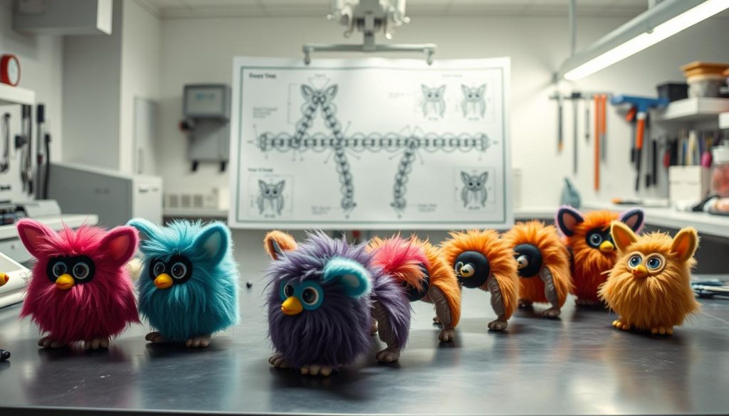 A detailed, step-by-step set of instructions for assembling a Furby centipede creature. In the foreground, an array of Furby dolls in various stages of interconnection, their colorful fur and large eyes conveying a whimsical, almost unsettling charm. In the middle ground, a technical diagram outlines the precise process of linking the Furbies together, with annotations detailing the optimal placement and angle of each component. The background depicts a sterile, well-lit workshop environment, with clean surfaces and carefully organized tools, creating a sense of meticulous craftsmanship. Subtle shadows and highlights emphasize the three-dimensional nature of the Furby assemblage, while the overall mood conveys a blend of scientific curiosity and playful experimentation.