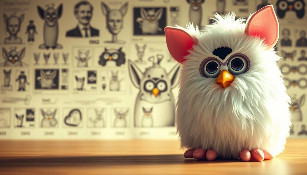 A detailed view of the history and development of the iconic 1998 Furby toy. In the foreground, a meticulously rendered white Furby sits, its large, expressive eyes and fluffy fur texture capturing the whimsical charm of the original design. In the middle ground, a time-lapse sequence depicts the Furby's evolution, showcasing the various iterations and color schemes released over the years. The background features a vintage-inspired collage of concept sketches, early prototypes, and product shots, conveying the rich creative process behind this beloved electronic pet. The lighting is soft and warm, evoking a nostalgic, almost sepia-toned atmosphere. The overall composition celebrates the Furby's enduring legacy as a beloved 90s toy phenomenon.