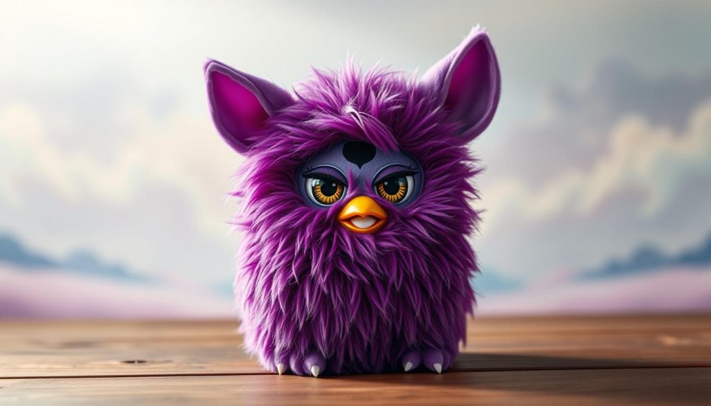 A detailed, whimsical Furby with vibrant purple fur, sitting upright on a wooden surface. Soft lighting from above creates gentle shadows and highlights the plush texture of the fur. The Furby's large expressive eyes sparkle with a hint of mischief, complemented by a playful, toothy grin. The background is a serene, ethereal landscape with soft pastel hues, evoking a dreamlike, magical atmosphere. Careful composition and attention to detail capture the enchanting essence of this limited edition Furby collector's item.