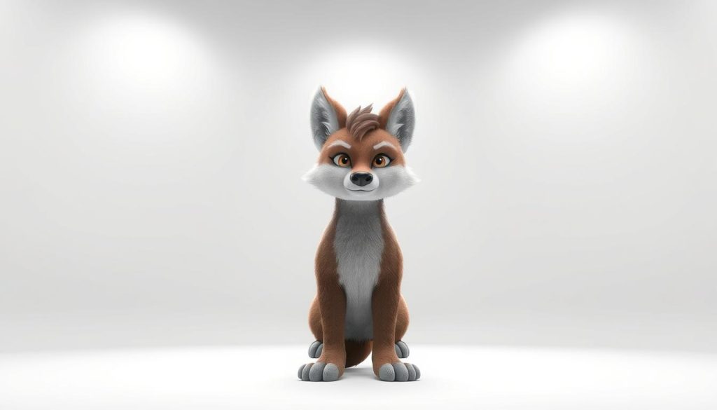 A digitally rendered anthropomorphic animal character, a fursona, standing in a well-lit studio setting. The fursona is in the foreground, facing the camera with a neutral, confident expression. Detailed fur textures, distinctive facial features, and expressive eyes convey a sense of individuality and personality. The background is a minimalist, clean white space, allowing the fursona to be the central focus. Soft, even lighting from multiple angles creates depth and highlights the fursona's form. The pose and composition suggest self-expression, introspection, and a exploration of one's identity.