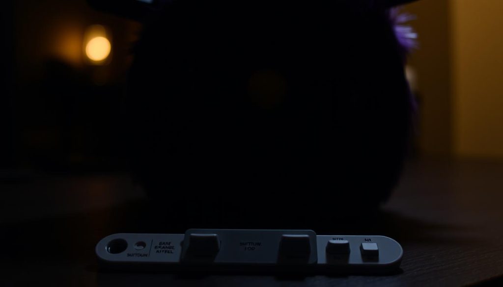 A dimly lit close-up shot of a Furby Connect toy, its large expressive eyes half-closed, sitting on a dark wooden surface. The toy's plush fur appears soft and tactile, with subtle highlights from a single light source casting a warm glow. In the foreground, several small buttons and switches are visible, representing the different shutdown methods for the Furby Connect device. The background is blurred, keeping the focus on the toy and the controls, creating a sense of simplicity and clarity.