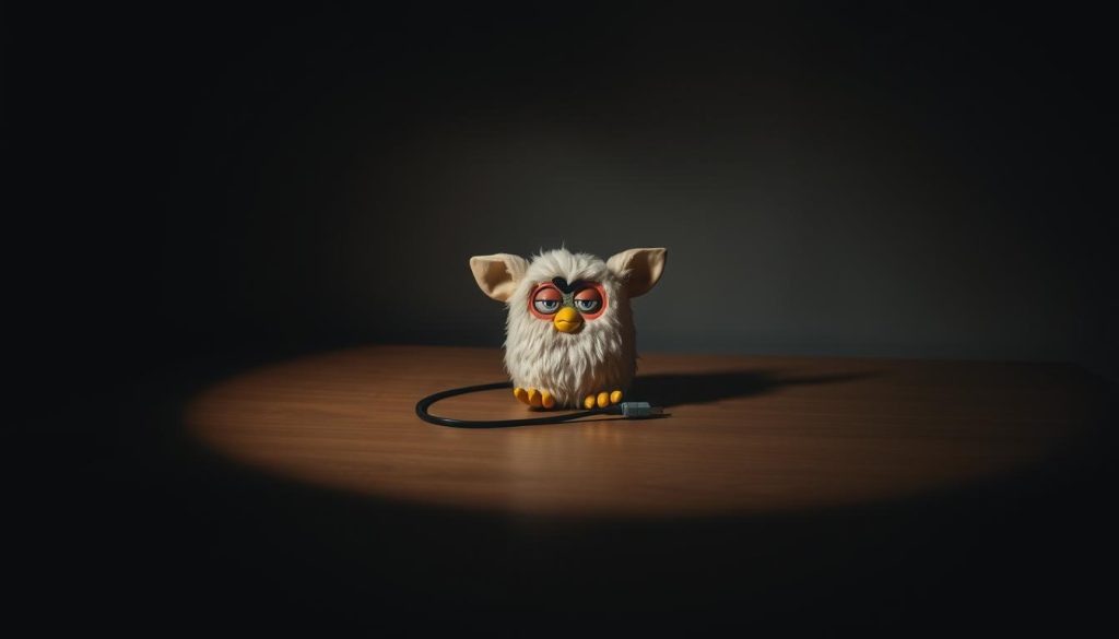 A dimly lit room, the focus centered on a vintage Furby toy sitting peacefully on a wooden table. The Furby's eyes are closed, its fur slightly disheveled, as if it has just undergone the shutdown process. Soft shadows cast across the scene, creating an almost somber atmosphere. The table's surface is clear, with only the Furby and a single power cord visible, hinting at the methodical steps required to turn off this iconic 90s toy. The overall composition conveys a sense of finality, the Furby's tranquil state a testament to the careful and deliberate shutdown process.