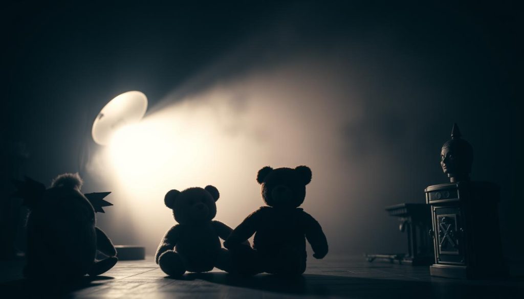 A dimly lit room, the shadows cast by a lone lamp flickering eerily. In the foreground, a group of worn, vintage toys - a Furby, a teddy bear, and a jack-in-the-box - sit in a circle, their eyes seemingly watching, their expressions unreadable. The middle ground is shrouded in a thick, hazy fog, obscuring the details beyond. In the distance, faint shapes move, hinting at unseen presences. The air is thick with an unsettling tension, as if the very room is alive and watching. Capture this scene with a cinematic, horror-inspired aesthetic, using a moody, low-key lighting setup and a narrow depth of field to create an atmosphere of unease and the uncanny.