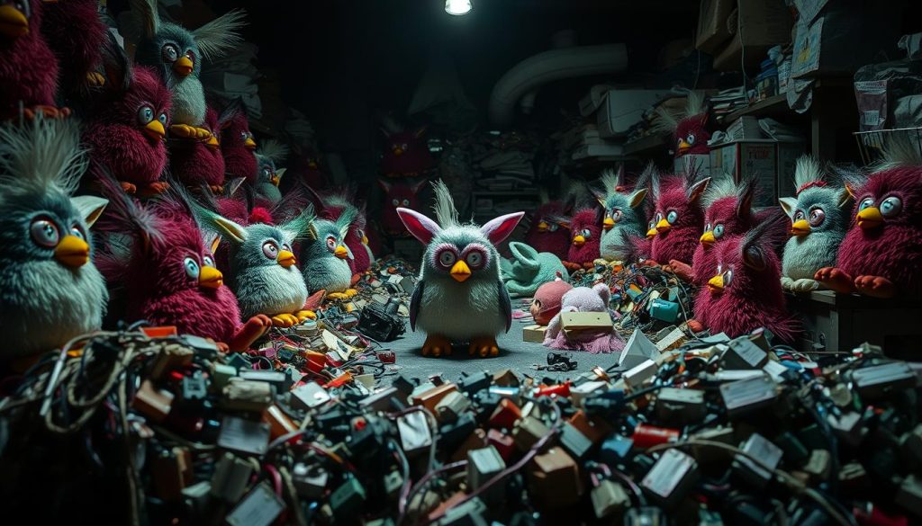 A dimly lit workshop, cluttered with Furby counterfeits in various stages of assembly. Misshapen bodies, crooked eyes, and shoddy fabric textures reveal the inferior craftsmanship. In the foreground, a pile of inferior electronic components, wires, and cheap plastics. In the middle ground, a lone Furby prototype with a distorted, unsettling expression, surrounded by piles of subpar parts. The background is shrouded in shadows, hinting at the nefarious operation behind these fraudulent products. The overall mood is one of unease and the sense that these Furbies are not to be trusted.